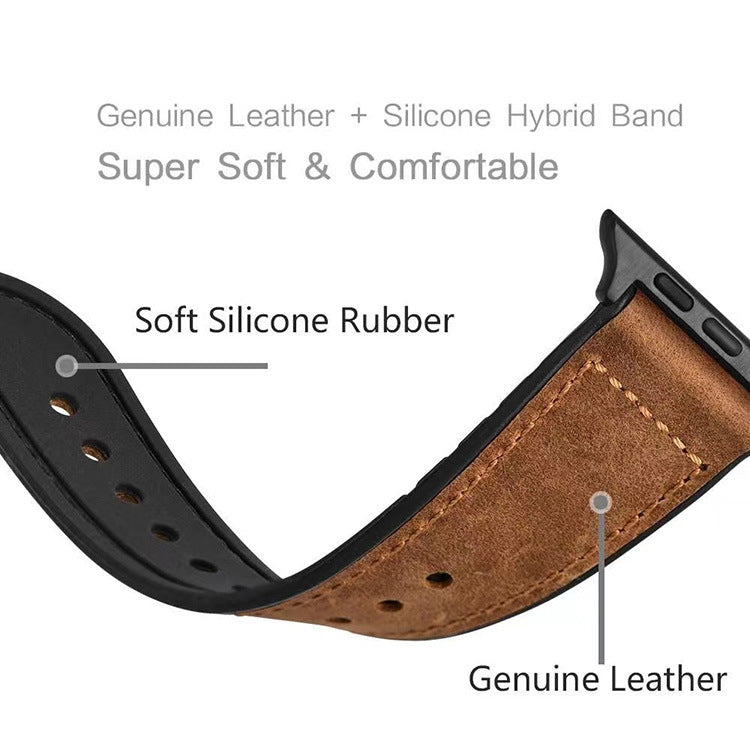 Genuine Leather And Rubber Silicone Hybrid Watch Strap For Apple Watch Band
