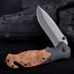 Matte Black Steel Folding Knife with Carbon Fiber Style Handle and Wood Onlay